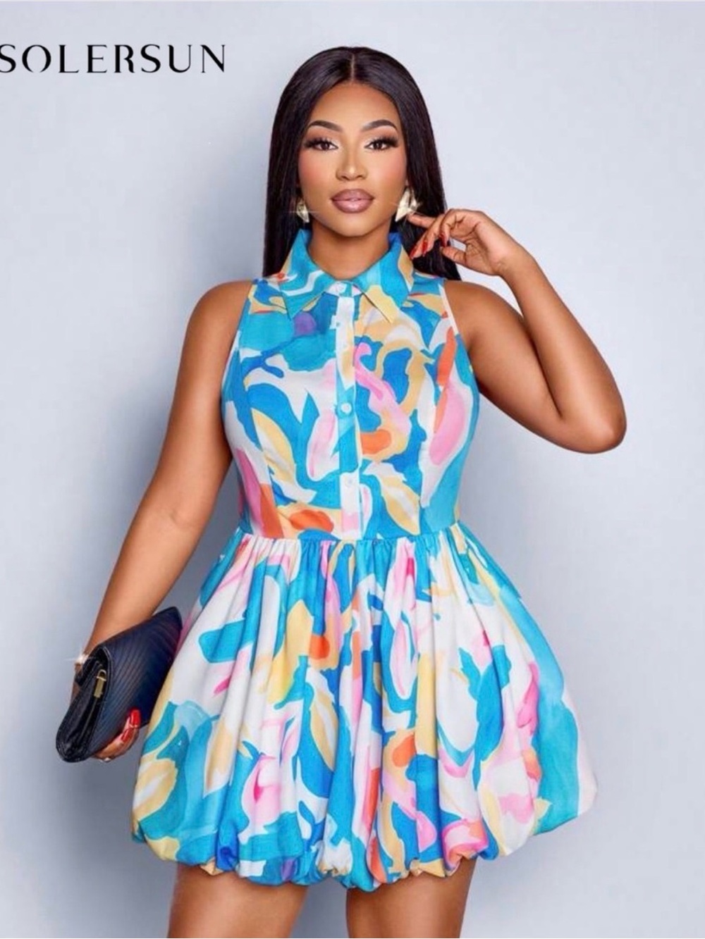SHEIN Multicolor Sleeveless Collared Button-Front Poof Dress